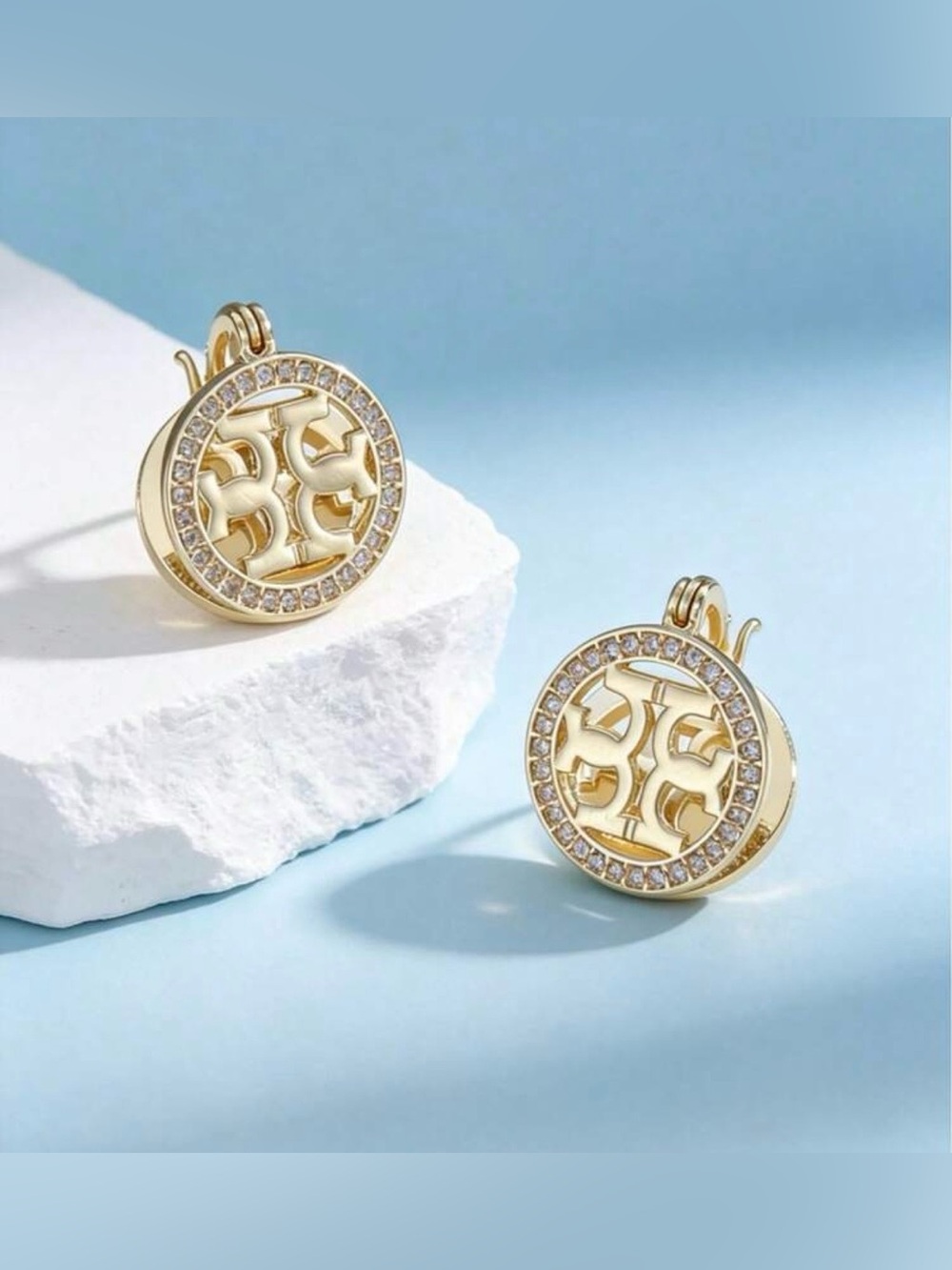 NWT Gold-Plated | Zirconia Double ‘T’ Logo Circular Earrings - Picture 2 of 4